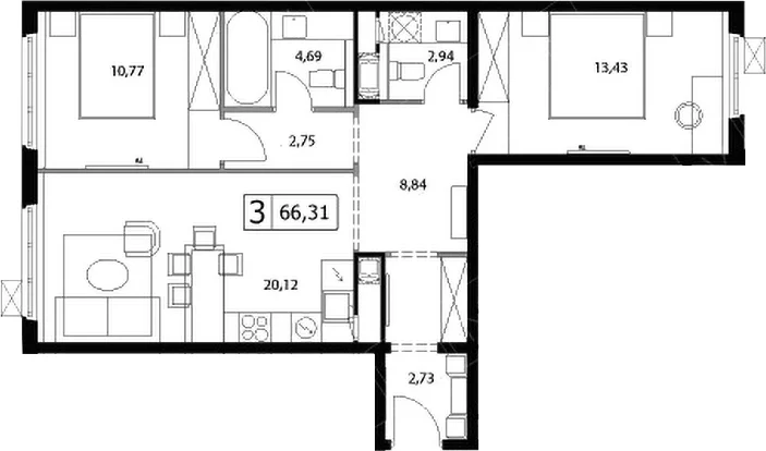 Планировка: Евротрёшка 66,3 м² в ЖК «У реки.Эко Видное 2.0»