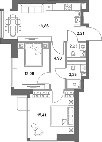 Планировка: 2-комнатная квартира 59,9 м² в ЖК «ФАЙВ ТАУЭРС»
