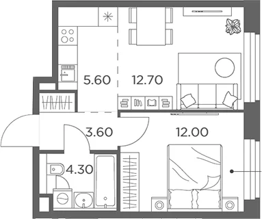 Планировка: Евродвушка 38,2 м² в ЖК «Белый Град»