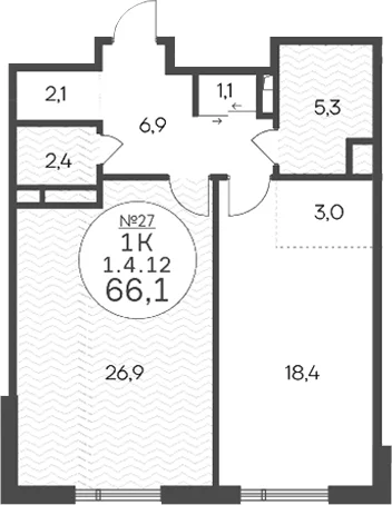 Планировка: Евродвушка 66,1 м² в ЖК «Клубный квартал КРЫЛАТСКАЯ 33»