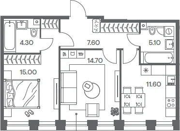 Планировка: 2-комнатная квартира 58,3 м² в ЖК «Инджой»