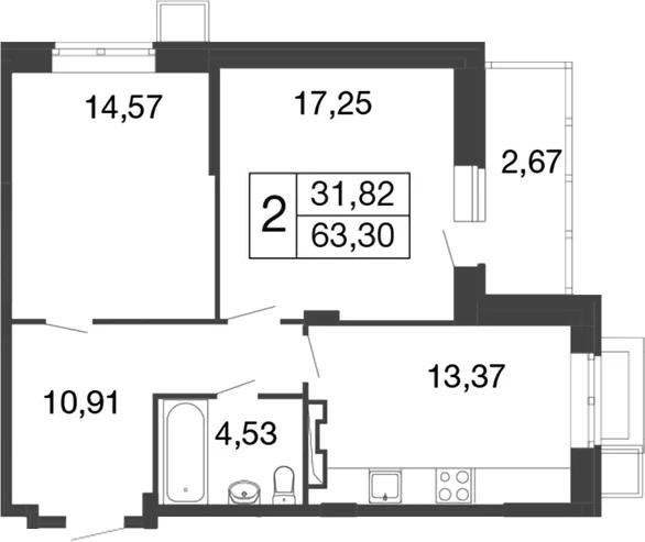 Планировка: 2-комнатная квартира 60,6 м² в ЖК «Времена года»