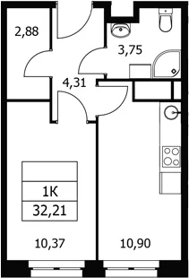 Планировка: 1-комнатная квартира 32,2 м² в ЖК «Волковская 67»