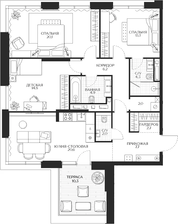 Планировка: 3-комнатная квартира 98,4 м² в ЖК «Кутузов Сити»