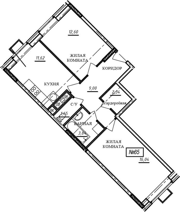 Планировка: 2-комнатная квартира 57,1 м² в ЖК «Краснофлотский»