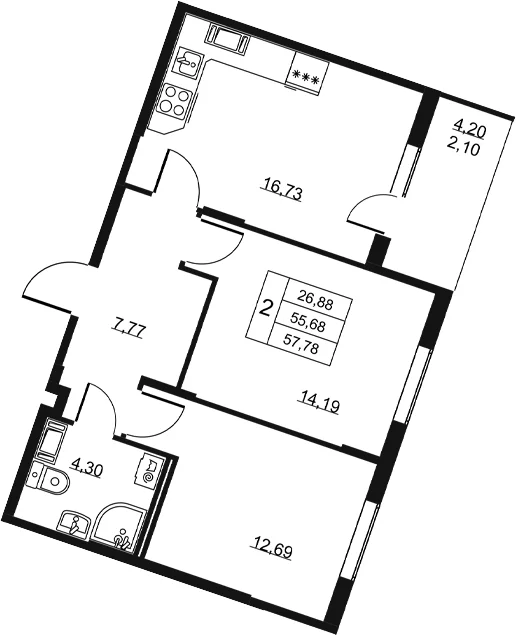 Планировка: Евротрёшка 55,7 м² в ЖК «Высота. Всеволожск»