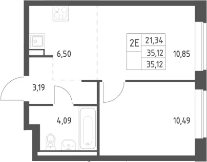 Планировка: Евродвушка 35,1 м² в ЖК «Новое Видное»