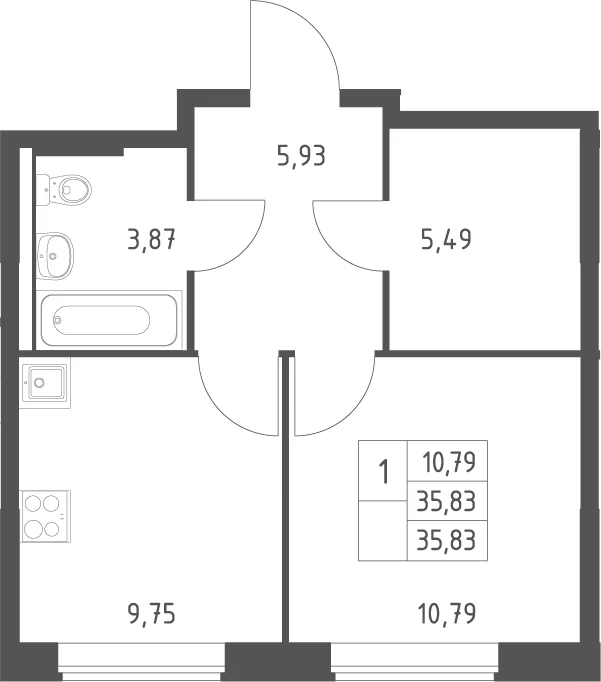 Планировка: 1-комнатная квартира 35,8 м² в ЖК «Большое Юрлово»