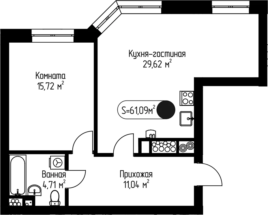 Планировка: 1-комнатная квартира 61,1 м² в ЖК «Мечта-квартал Любовь»