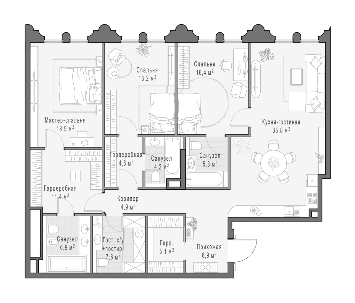 Планировка: Квартира евро-4 146,8 м² в ЖК «Клубный квартал Фрунзенский»