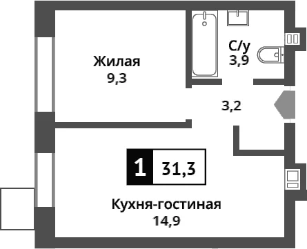 Планировка: Евродвушка 31,3 м² в ЖК «Никольский квартал Отрада»