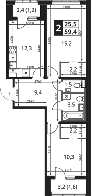 Планировка: 2-комнатная квартира 56,6 м² в ЖК «1-й Ясеневский»