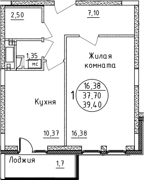 Планировка: 1-комнатная квартира 37,7 м² в ЖК «Дом Союзов»