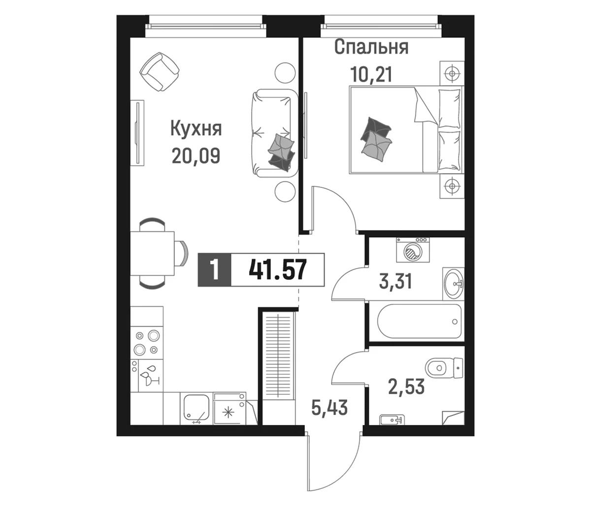 Планировка: Евродвушка 41,6 м² в ЖК «Максималист»