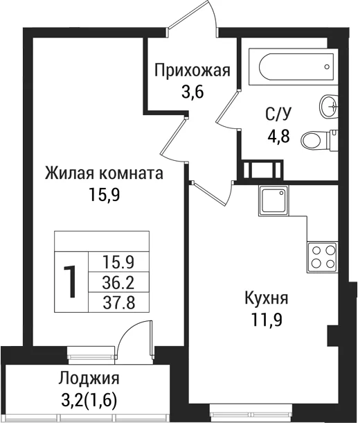 Планировка: 1-комнатная квартира 37,4 м² в ЖК «Южная Заря»