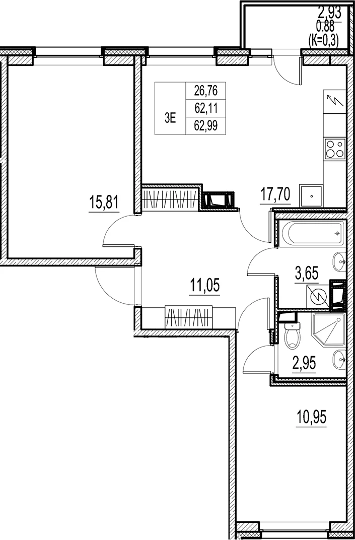 Планировка: Евротрёшка 62,1 м² в ЖК «Город-спутник Южный»