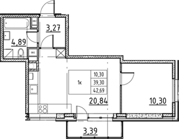 Планировка: Евродвушка 39,3 м² в ЖК «Соло.Петергоф»