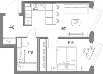 Планировка: 1-комнатная квартира 37,9 м² в ЖК «Северный Порт»
