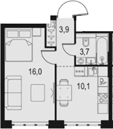 Планировка: 1-комнатная квартира 33,7 м² в ЖК «Левел Южнопортовая»