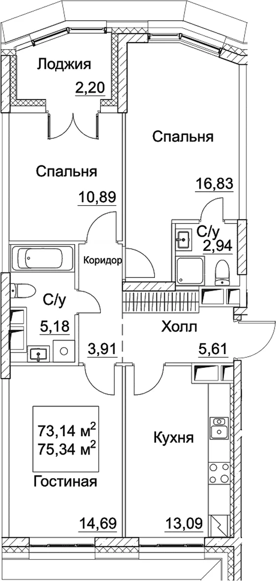 Планировка: 3-комнатная квартира 73,1 м² в ЖК «СЕЗАР СИТИ»