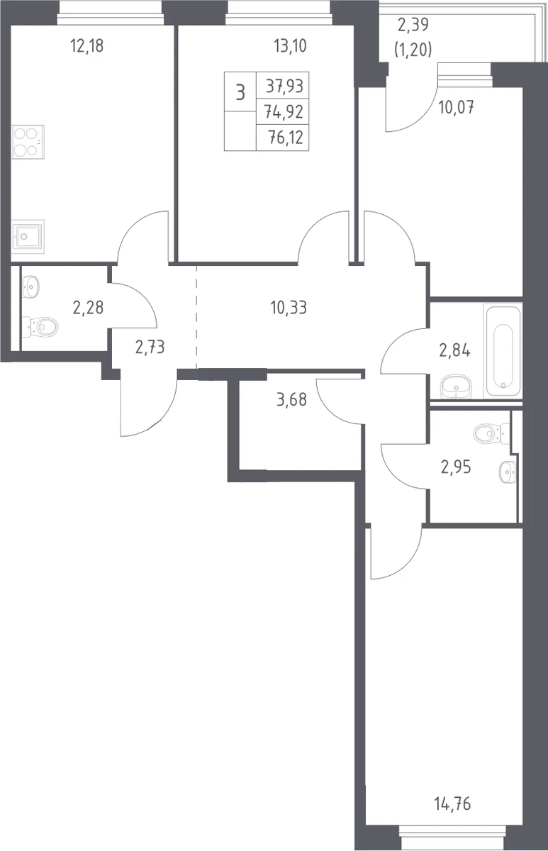Планировка: 3-комнатная квартира 74,9 м² в ЖК «Прибрежный Парк»