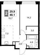 Планировка: Евродвушка 48,1 м² в ЖК «Амбер Сити»
