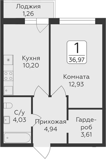 Планировка: 1-комнатная квартира 35,7 м² в ЖК «Панорама Юкки. ГК Развитие. Санкт-Петербург»
