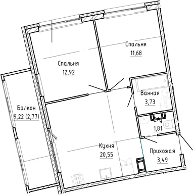 Планировка: Евротрёшка 54,2 м² в ЖК «Аквилон Рива»