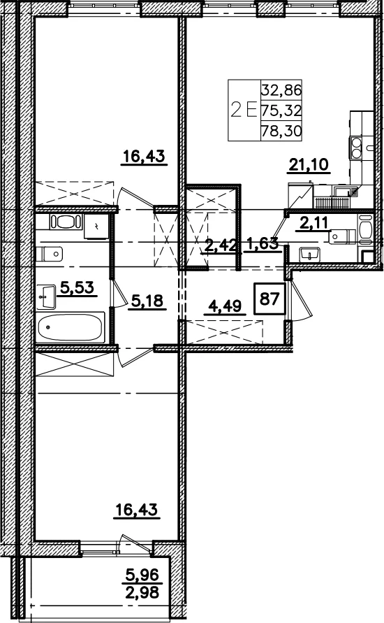 Планировка: Евротрёшка 75,3 м² в ЖК «Ю Гатчина»
