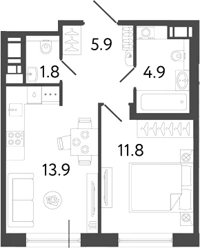Планировка: 1-комнатная квартира 38,3 м² в ЖК «Передвижники 2»