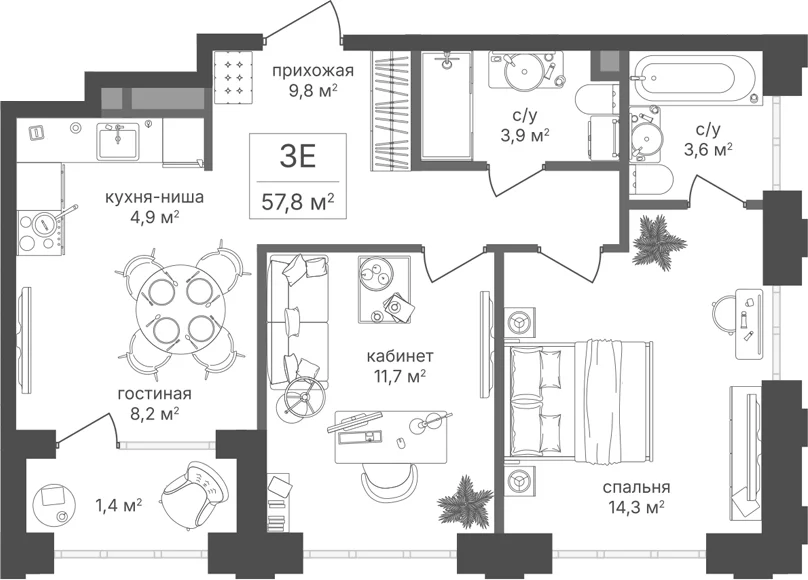Планировка: Евротрёшка 56,4 м² в ЖК «Михалковский»