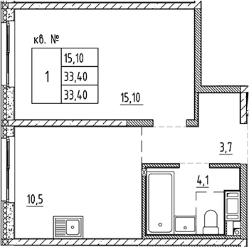 Планировка: 1-комнатная квартира 33,4 м² в ЖК «Плюс Пулковский»