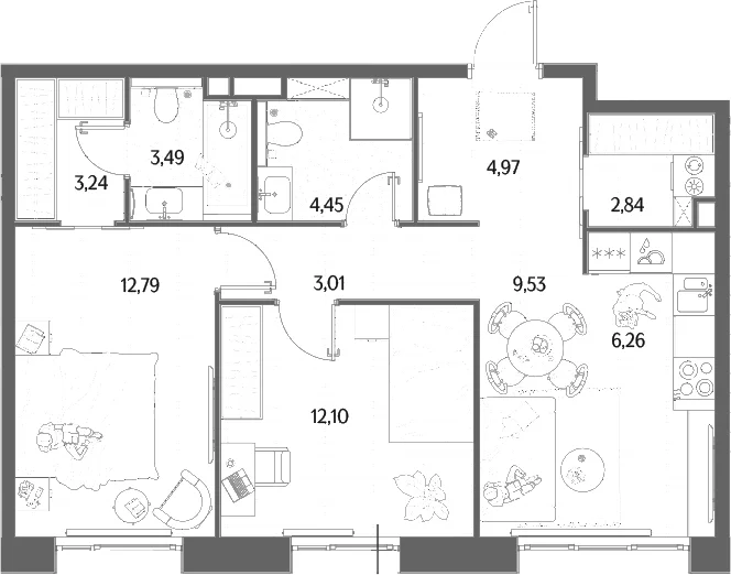 Планировка: Евротрёшка 62,7 м² в ЖК «МЫС»