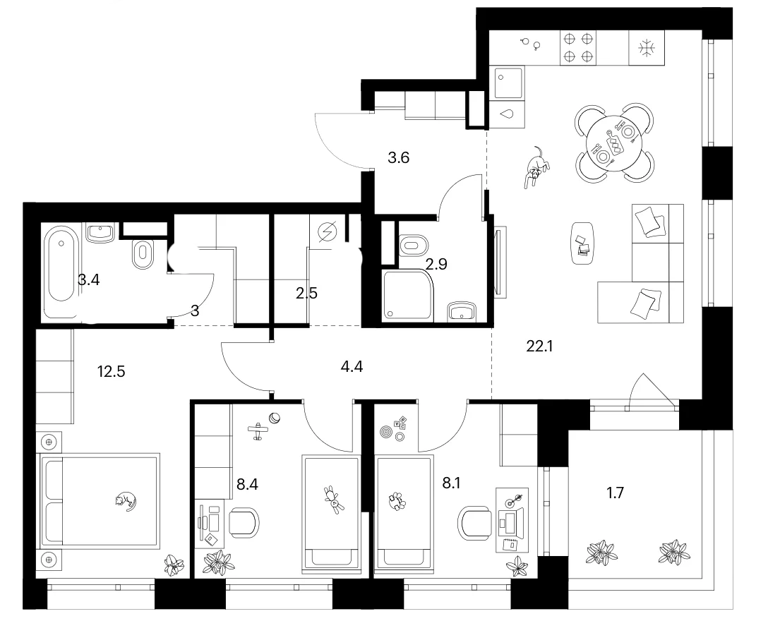 Планировка: 3-комнатная квартира 70,9 м² в ЖК «Москворечье»