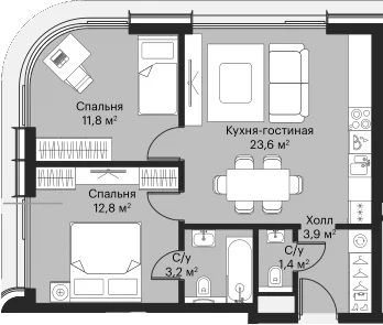 Планировка: Евротрёшка 55,2 м² в ЖК «Сити Бэй»