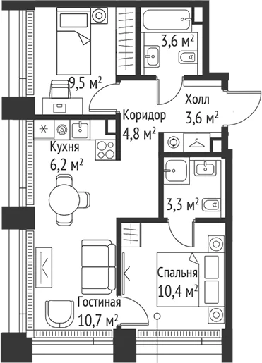 Планировка: Евротрёшка 52,1 м² в ЖК «СЕТ»