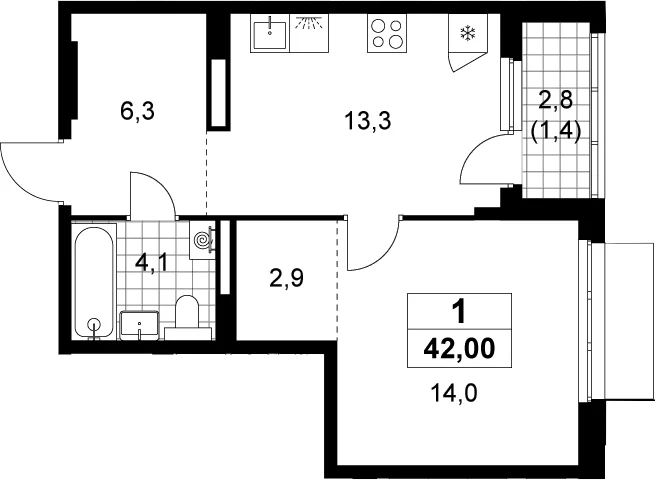 Планировка: 1-комнатная квартира 40,6 м² в ЖК «Деснаречье»