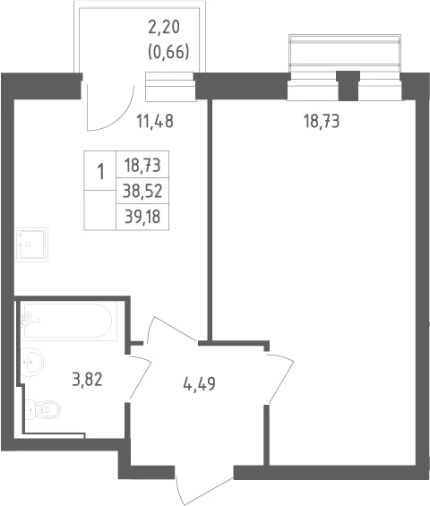 Планировка: 1-комнатная квартира 38,5 м² в ЖК «Рублевский квартал»
