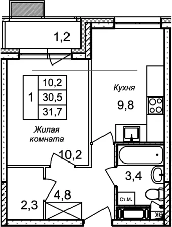 Планировка: 1-комнатная квартира 30,5 м² в ЖК «Квартал Светлый»
