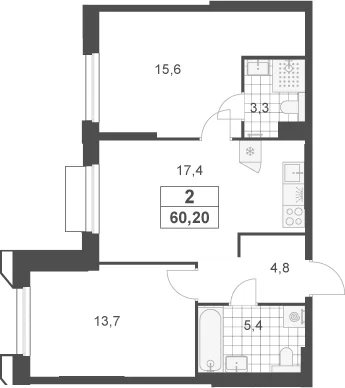 Планировка: Евротрёшка 60,2 м² в ЖК «Южные сады»