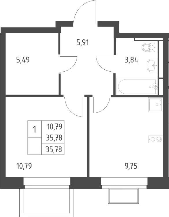 Планировка: 1-комнатная квартира 35,8 м² в ЖК «Новое Видное»