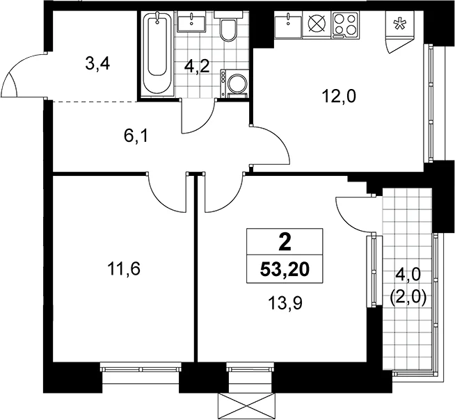 Планировка: 2-комнатная квартира 51,2 м² в ЖК «Прокшино»