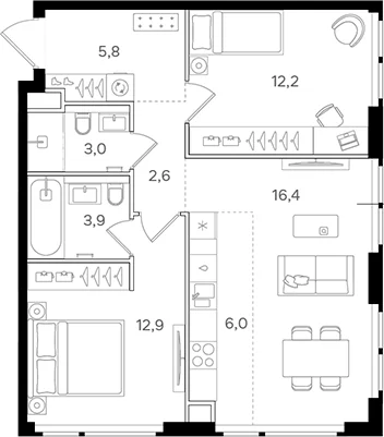 Планировка: Евротрёшка 62,8 м² в ЖК «НАЗАРЕ»