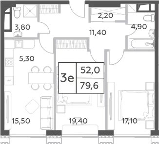 Планировка: Евротрёшка 79,6 м² в ЖК «Will Towers»