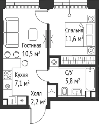 Планировка: Евродвушка 37,2 м² в ЖК «СЕТ»