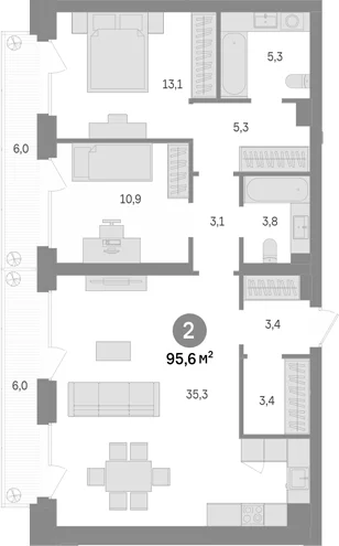 Планировка: 2-комнатная квартира 83,6 м² в ЖК «Квартал Издание»