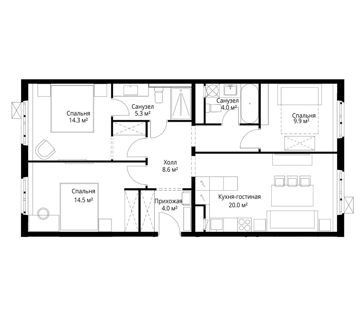 Планировка: Квартира евро-4 80,6 м² в ЖК «У реки.Эко Видное 2.0»