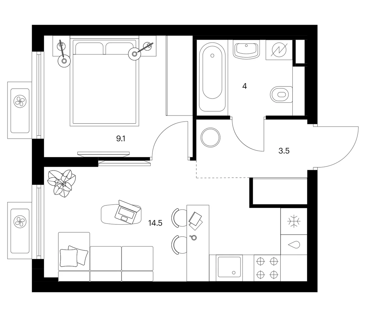 Планировка: 1-комнатная квартира 31,1 м² в ЖК «Белая Дача парк»