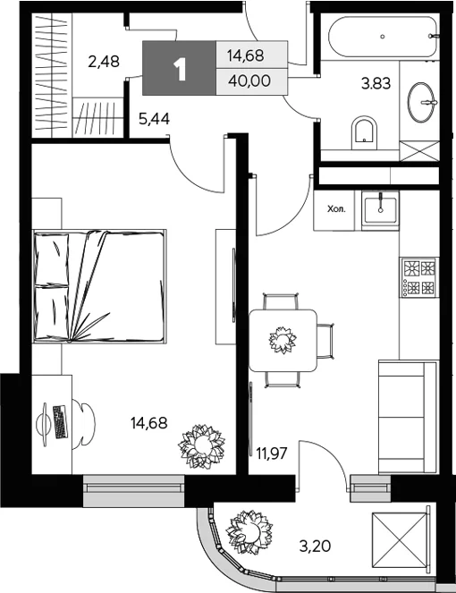 Планировка: 1-комнатная квартира 38,4 м² в ЖК «Ласточкино»