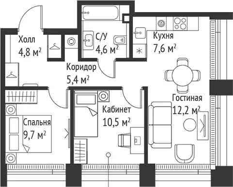 Планировка: Евротрёшка 54,8 м² в ЖК «СЕТ»